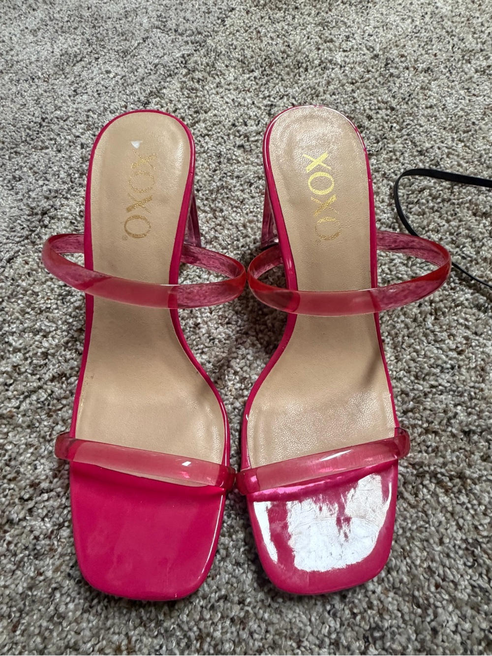 XOXO Hot Pink Clear Strap Square Toe Slide Heels